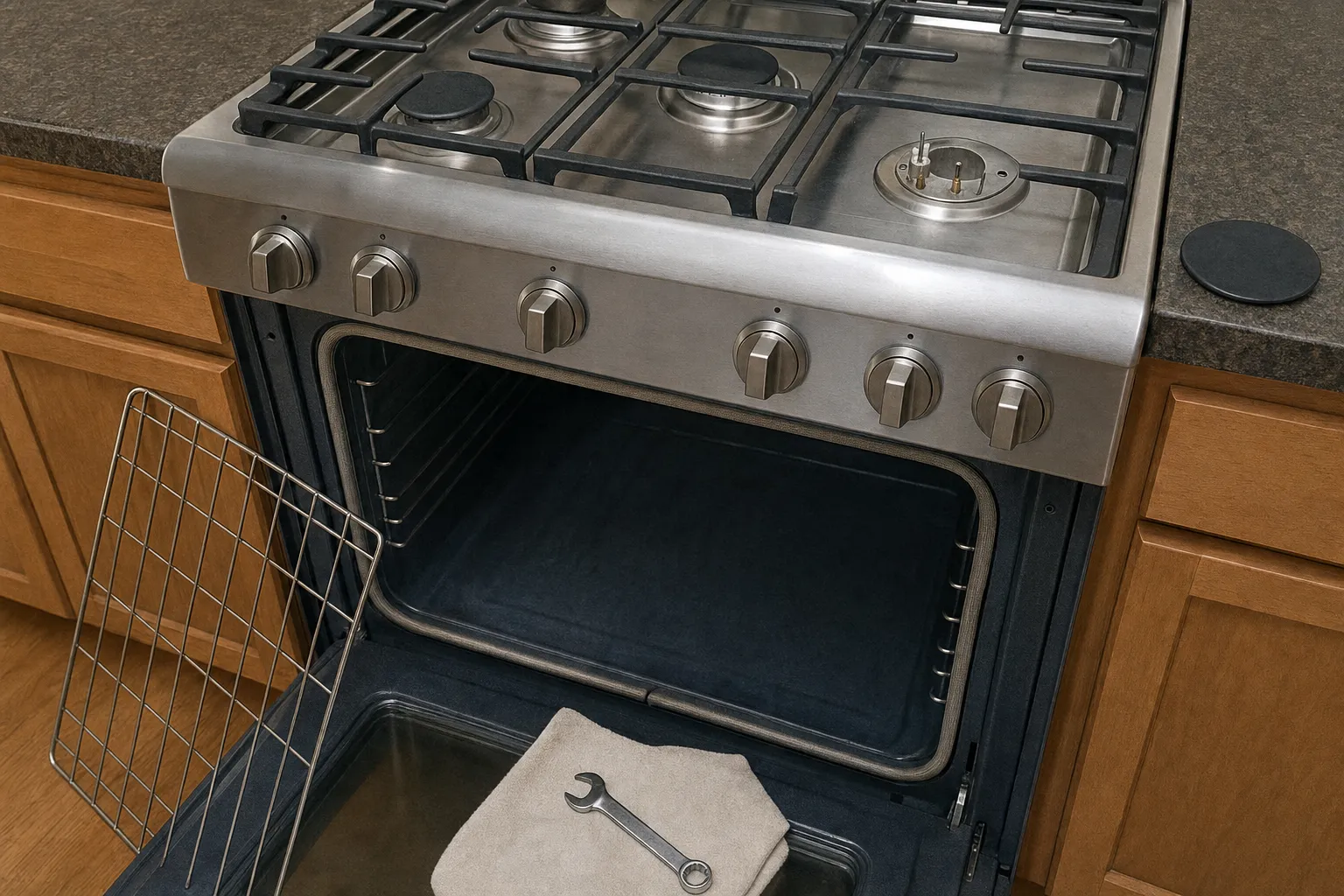 Sealed gas burners under heavy cast grates on a stainless range, oven door open below