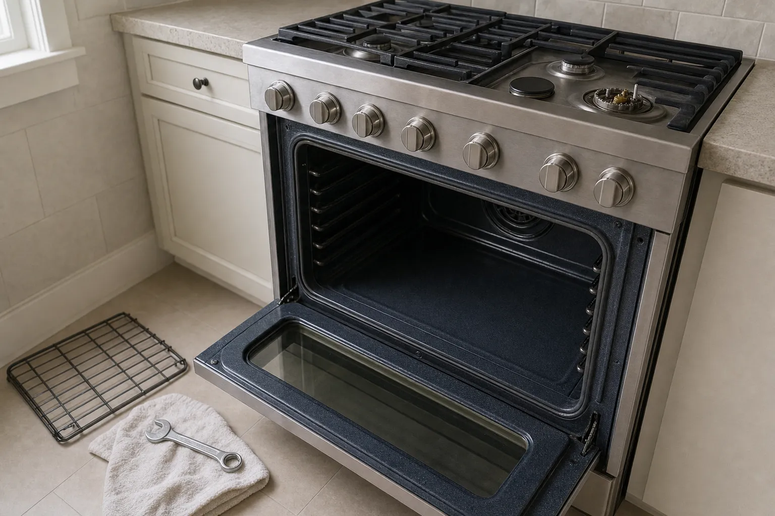 Stainless pro-style gas range with the oven door open and a rack set aside on the floor