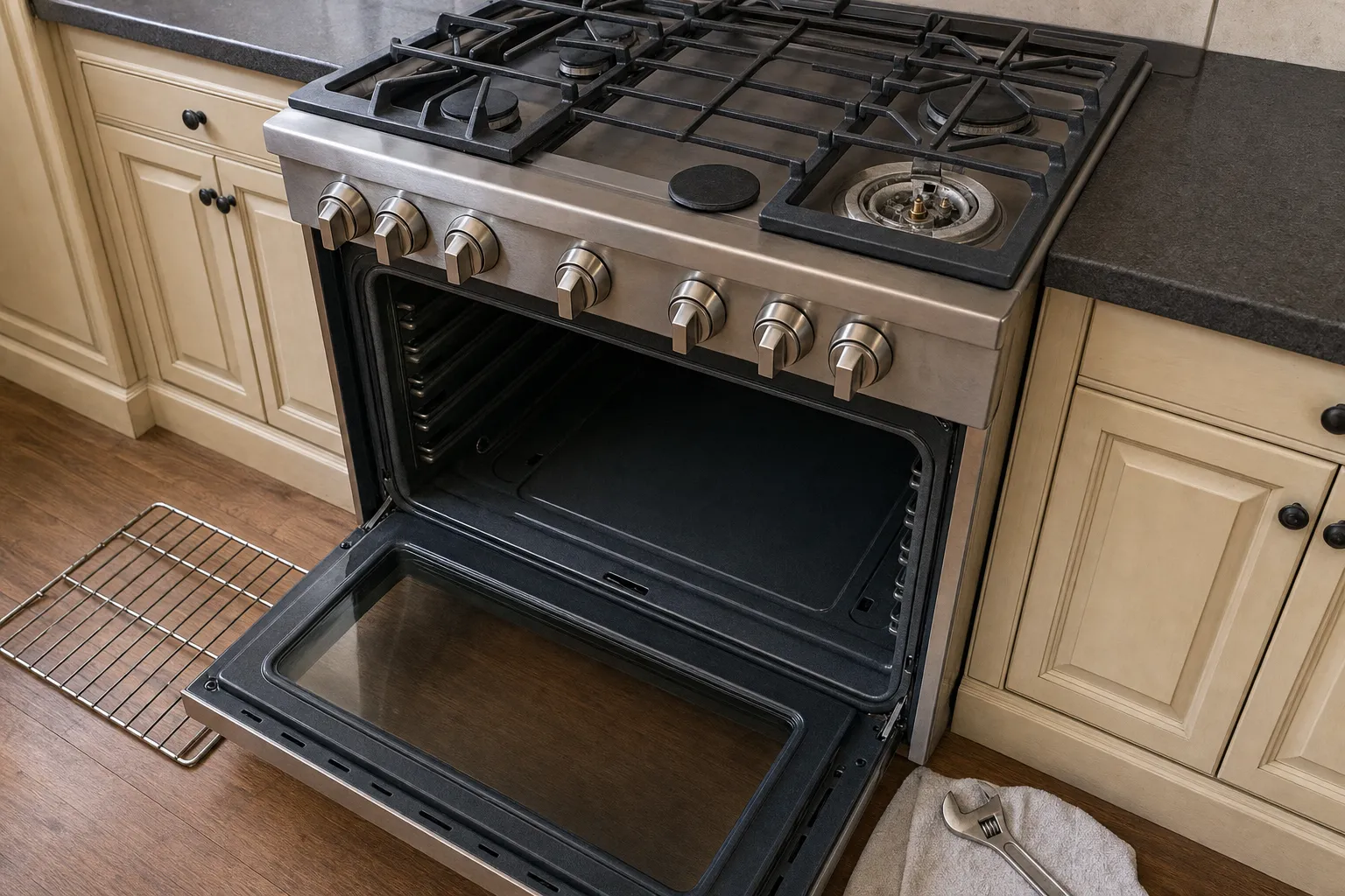 Stainless gas range set into cream cabinetry, oven door open and a rack lifted out