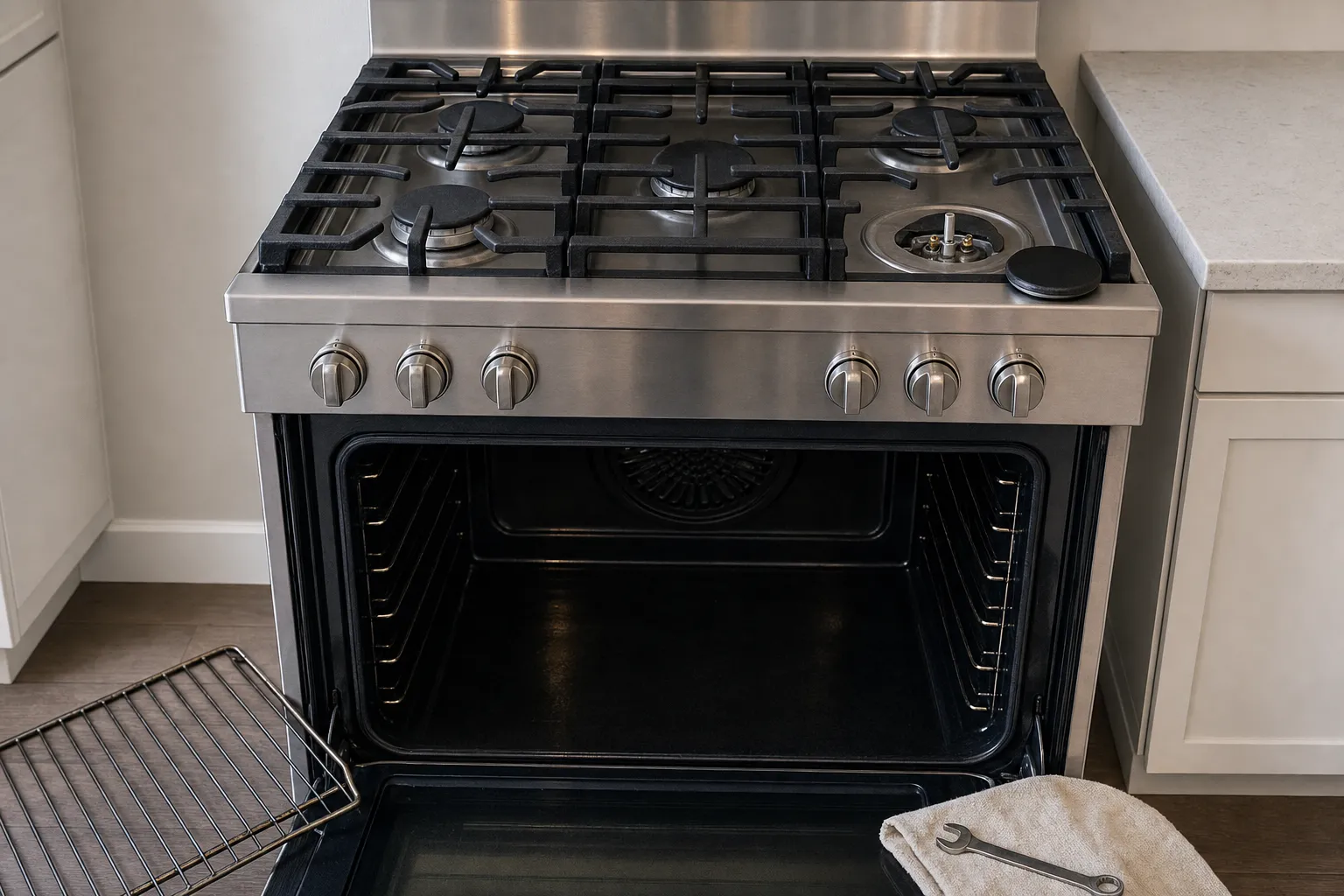 Six-burner stainless range with the oven open and a rack propped against the cabinet