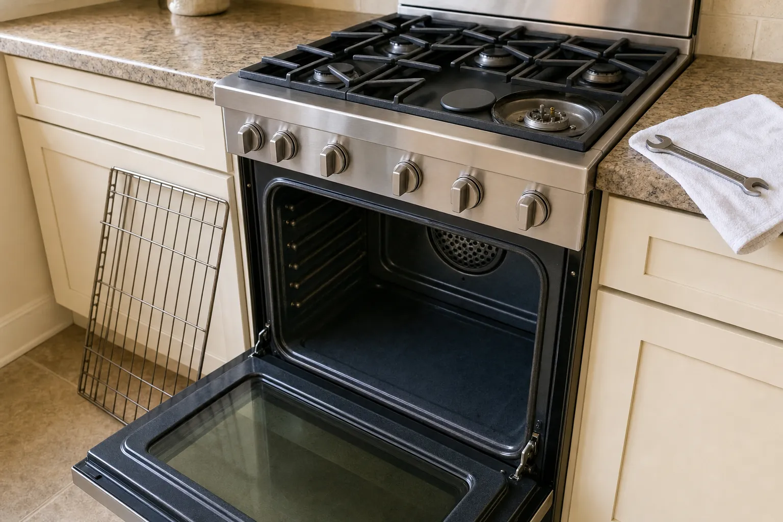 Stainless gas range with the oven door down, racks removed and a wrench on the counter