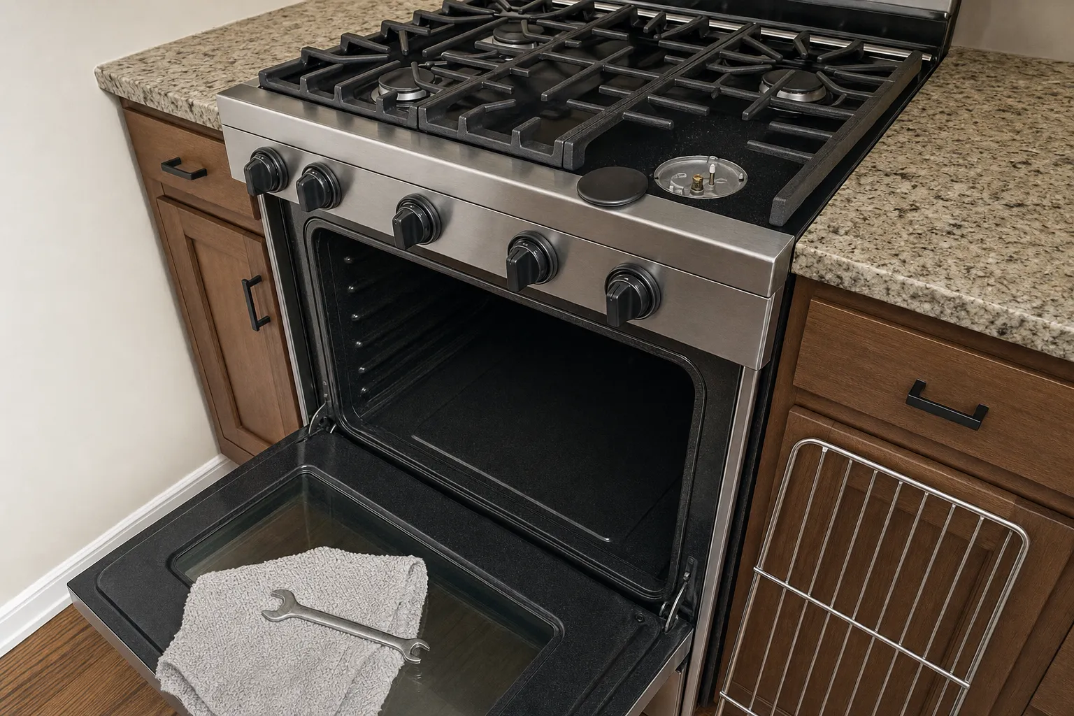 Stainless gas range with the oven door open and a wrench resting on a cloth on the door