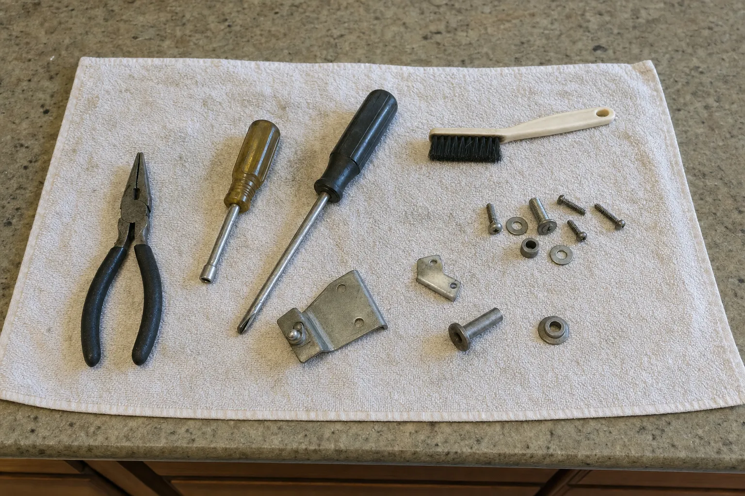 Pliers, screwdrivers, a brush and salvaged brackets and bushings laid out on a cloth