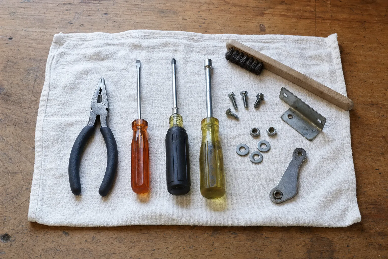 Lineman’s pliers, two screwdrivers, a clear-handled nut driver and a wooden wire brush laid out with an angle bracket, a flat link arm, bolts, nuts and washers