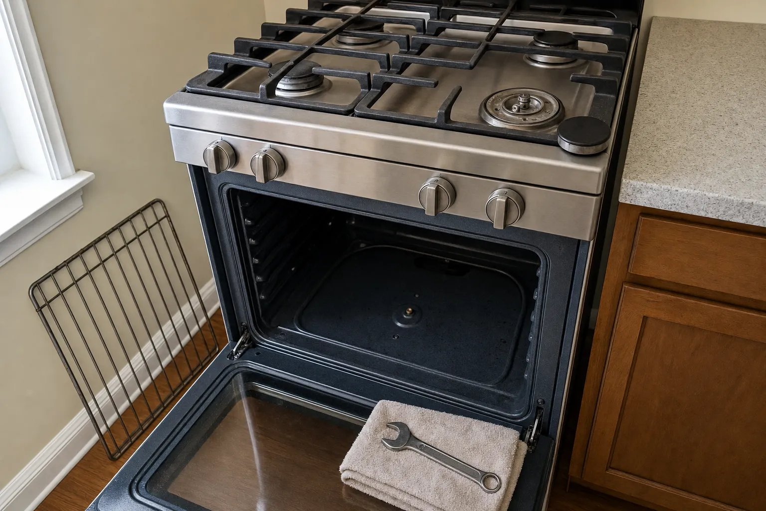 Gas range beside a window with an oven rack leaning on the wall, one burner uncapped and a wrench on a towel laid across the open oven door