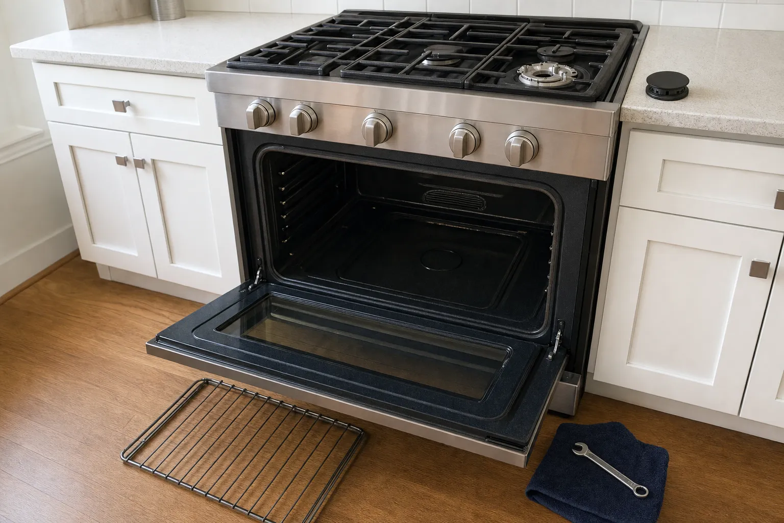 Wide stainless range in white shaker cabinets, the oven open to its fan cover, a rack on the wood floor and a wrench on a navy towel